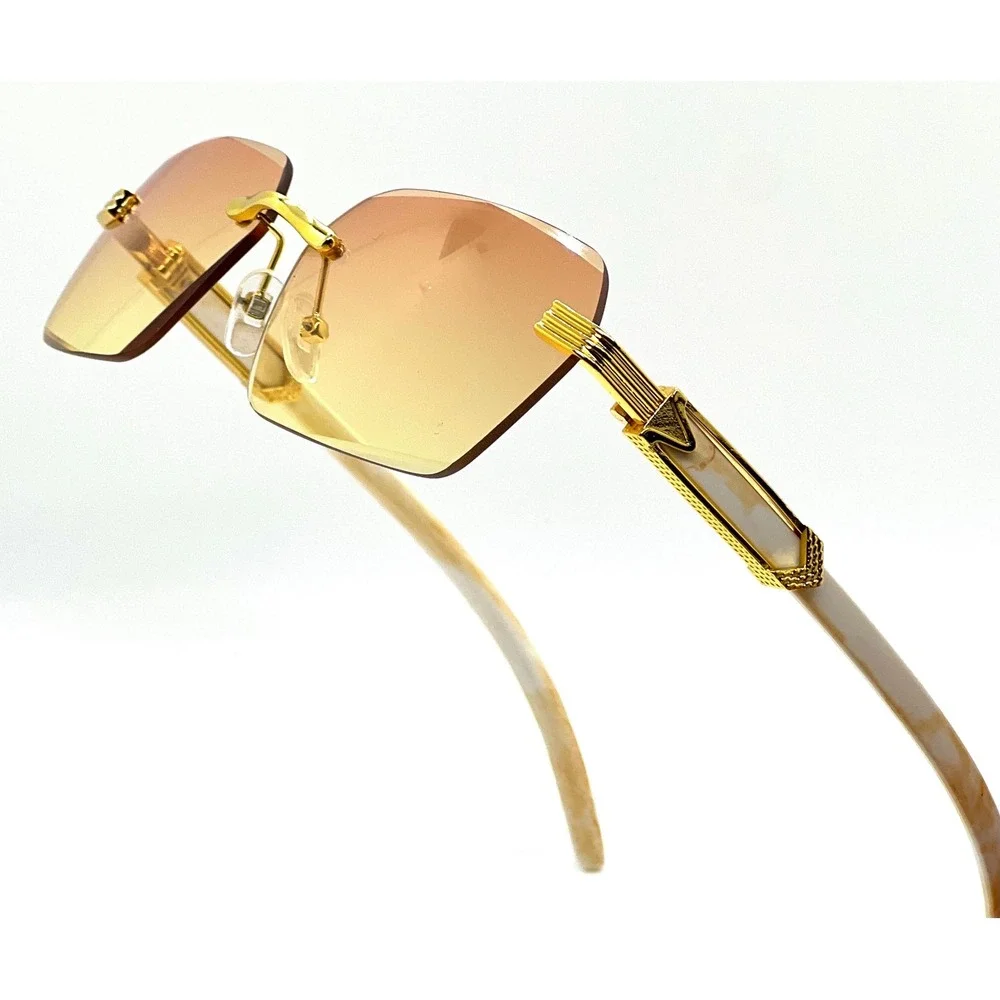 Mens‎ Rimless Rectangle Sunglasses Gold Metal Frame Cream Marble Gradient Lens
